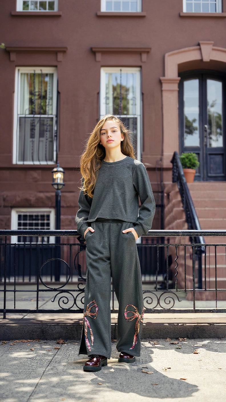 Sequin Bow Sweatshirt W/ Back Slit - Charcoal
