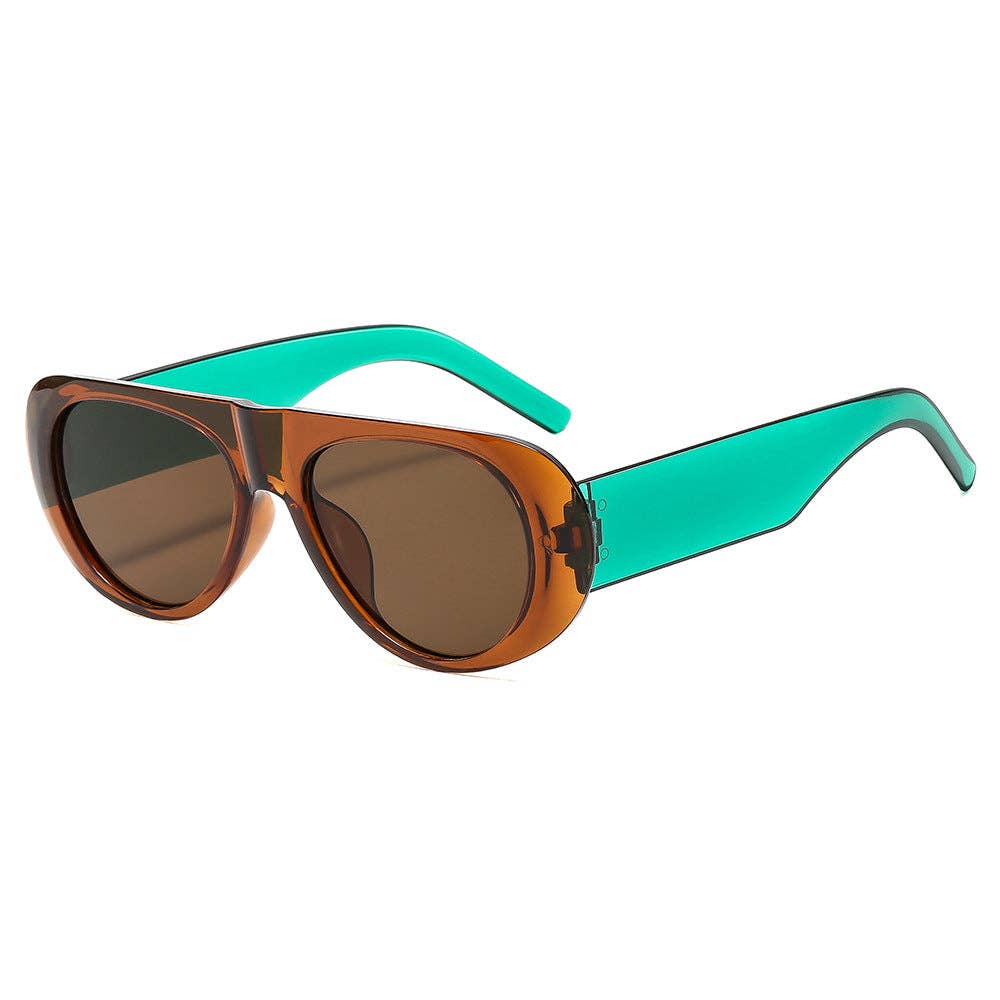 Trendy Oval Sunglasses for Women and Men - UV400 Protection - Transparent Brown Frame with Green Legs and Brown Lens