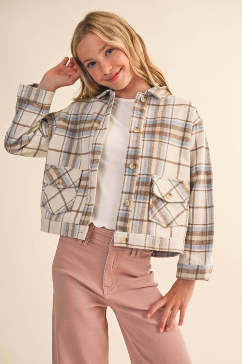 Girls Short Shacket - Blue Plaid by heart and arrow