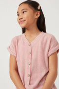Girls Textured Knit Buttoned Twist Front Top - Pink by Hayden LA