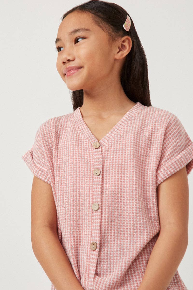 Girls Textured Knit Buttoned Twist Front Top - Pink by Hayden LA