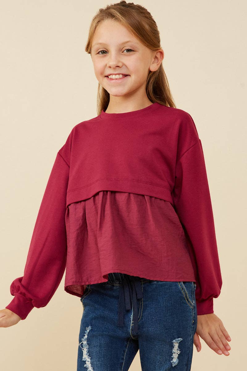 Girls Mix Media French Terry Knit Top - Berry by Hayden LA