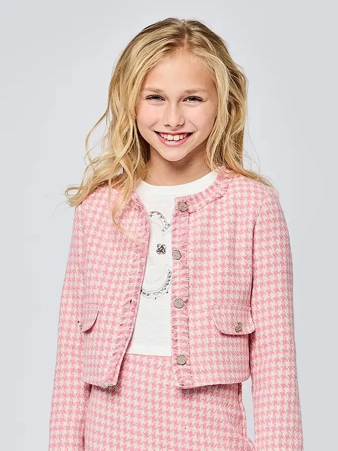 Pink Houndstooth Jacket + Rhinestone Buttons