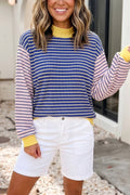 LDC Stripe Contrast Long Sleeve Crew Neck Pullover Top - Blue Stripe by Little Daisy Closet