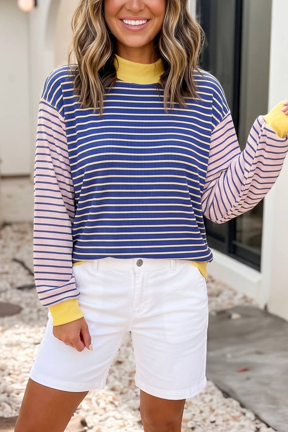 LDC Stripe Contrast Long Sleeve Crew Neck Pullover Top - Blue Stripe by Little Daisy Closet