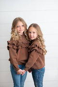 Kids Chocolate Double Ruffle Crew Neck Fall Winter Sweater by Oopsie Daisy
