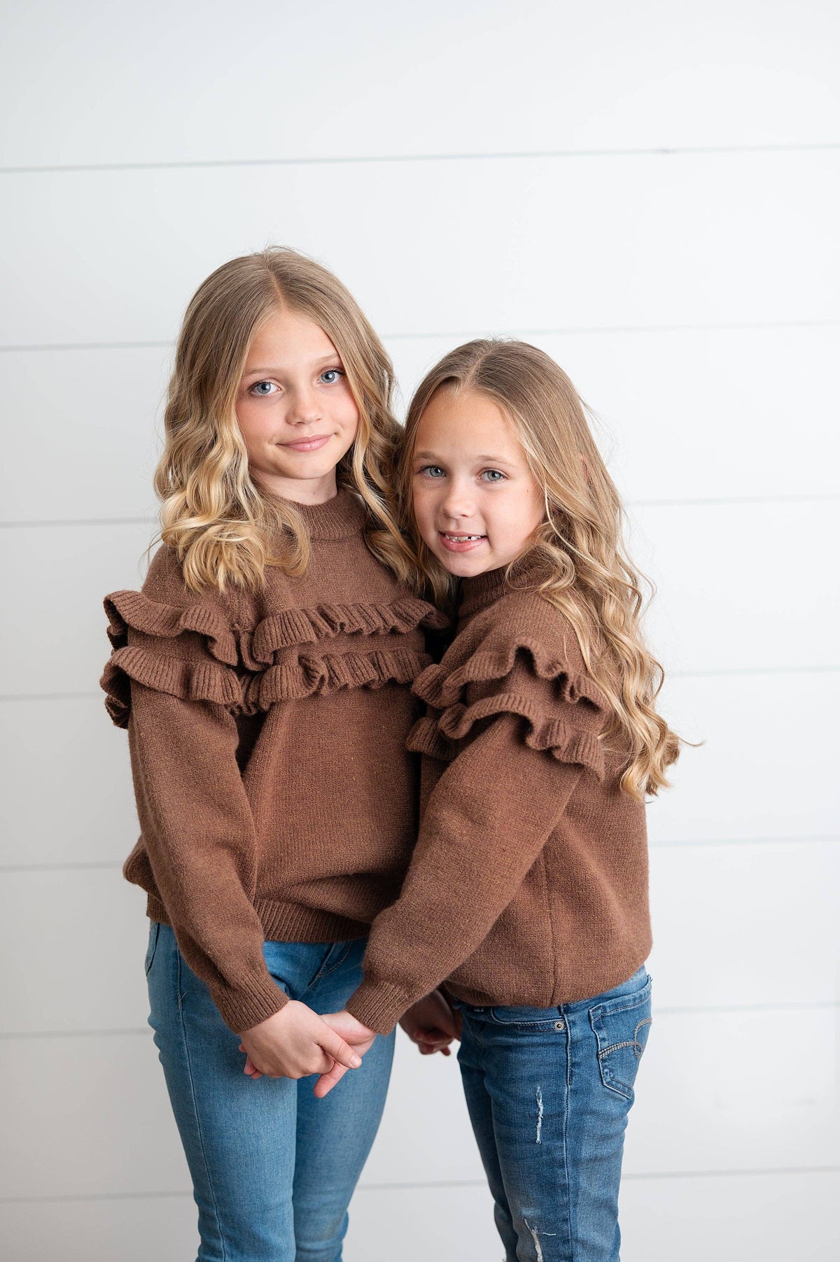 Kids Chocolate Double Ruffle Crew Neck Fall Winter Sweater by Oopsie Daisy
