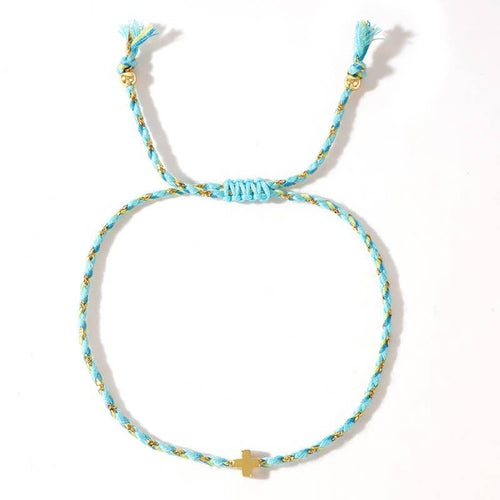 18K STAINLESS STEEL CORDED CROSS CHARM BRACELET - Blue by JOSSLYN by wall to wall