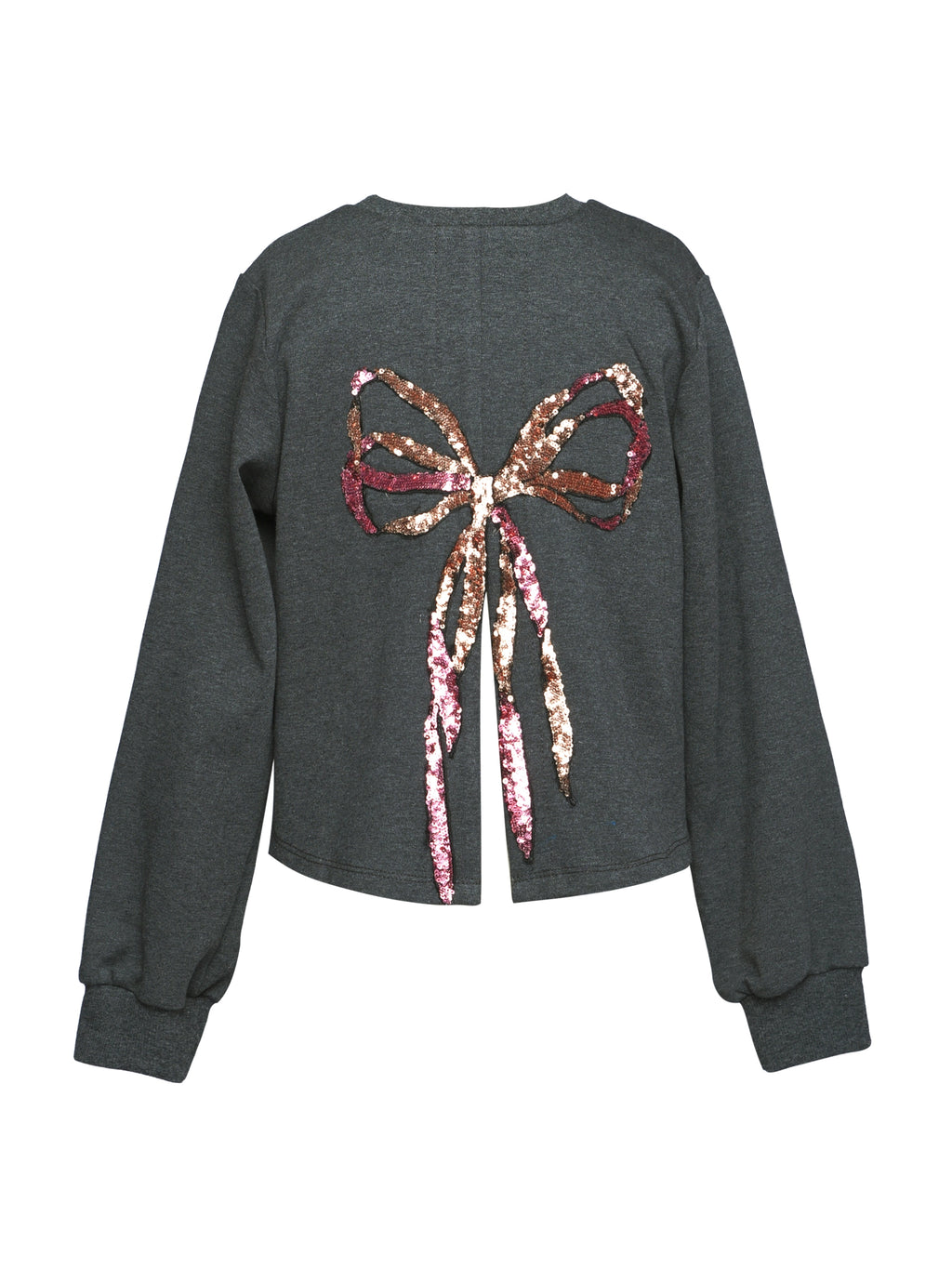 Sequin Bow Sweatshirt W/ Back Slit - Charcoal