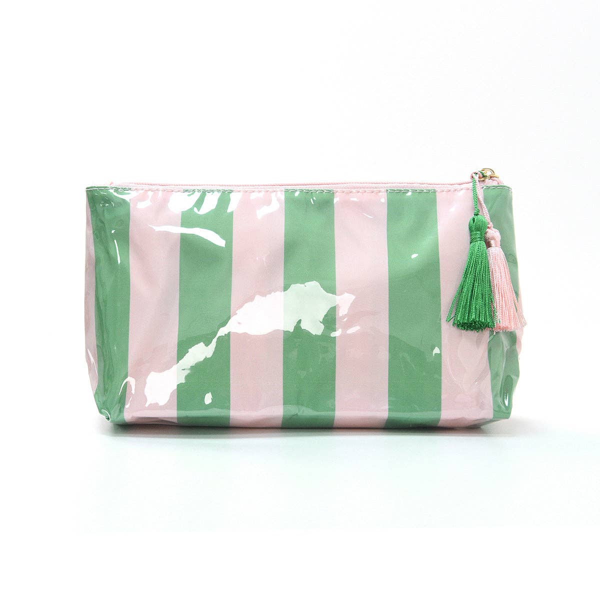 Striped Colorblock Large Cosmetic Bag Polyester Lined - Green And Pink (Small)