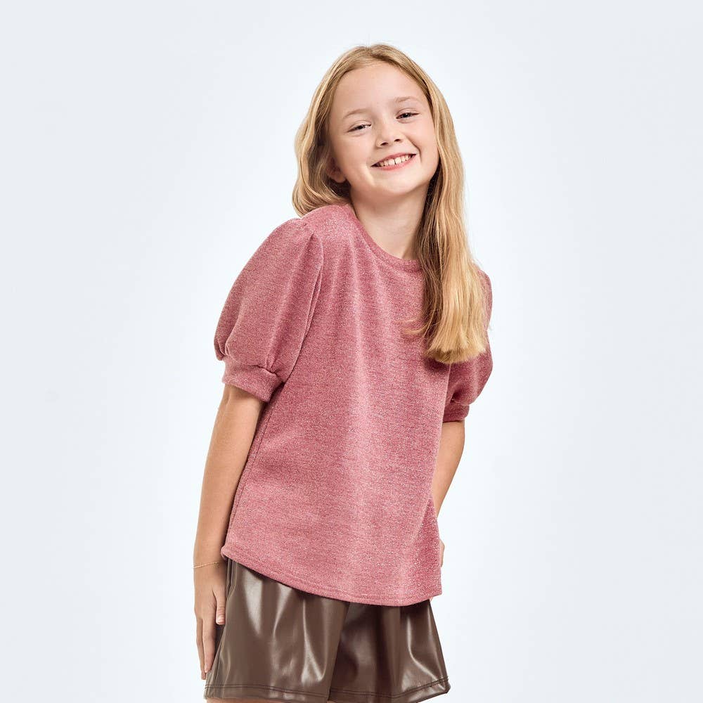 Mink Lurex Short Puff Sleeves Top - Mauve-silver by Good Girl
