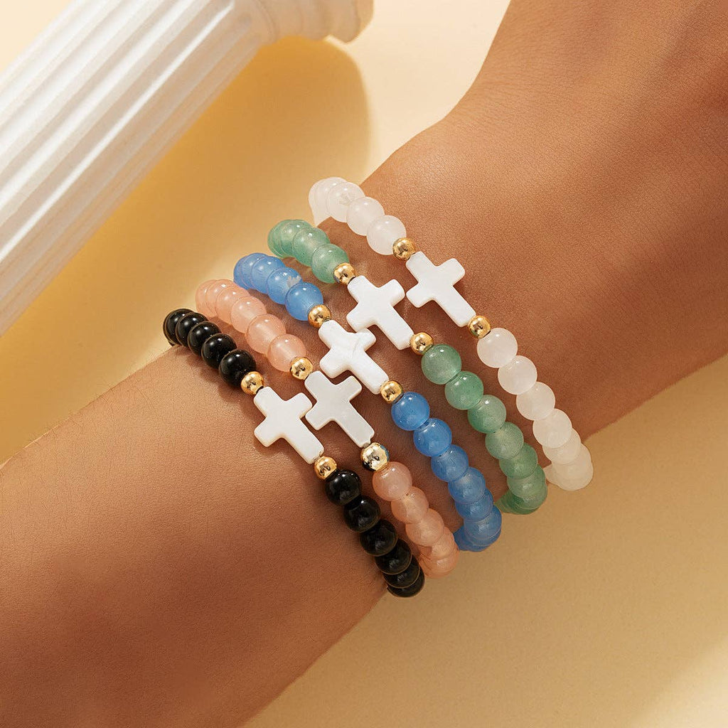 Trendy Natural Shell Turquoise Cross Beaded Bracelet Set - XY-855