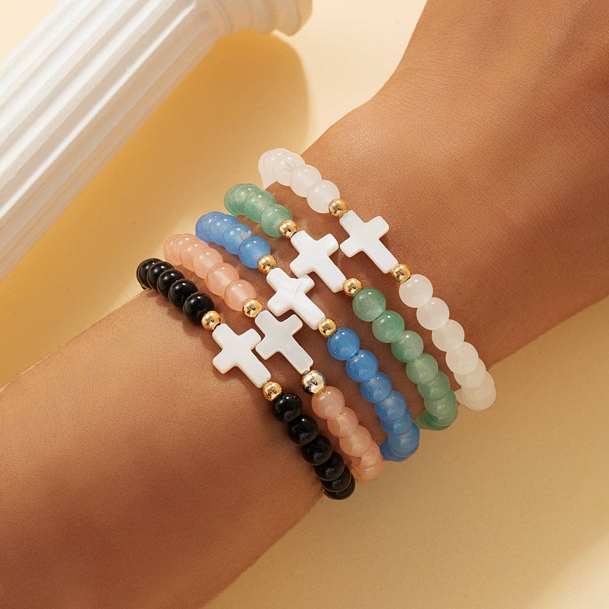 Trendy Natural Shell Turquoise Cross Beaded Bracelet Set - XY-855