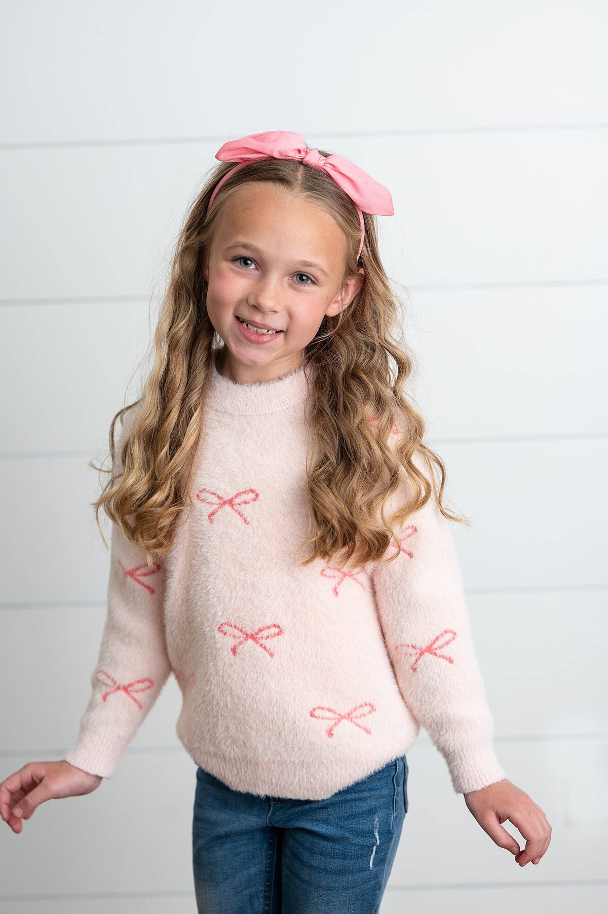 Girls Pink Bow Fuzzy Crew Neck Coquette Fall Winter Sweater by Oopsie Daisy