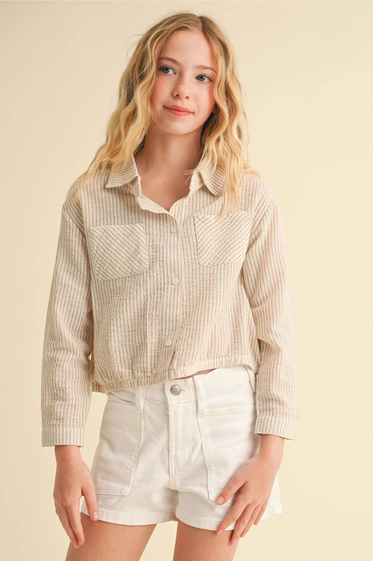 Beige Button Down Drop Shoulder Shirt