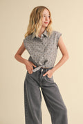 Girls Sleeveless Button Up Cropped Shirt - Chambray Floral by heart and arrow