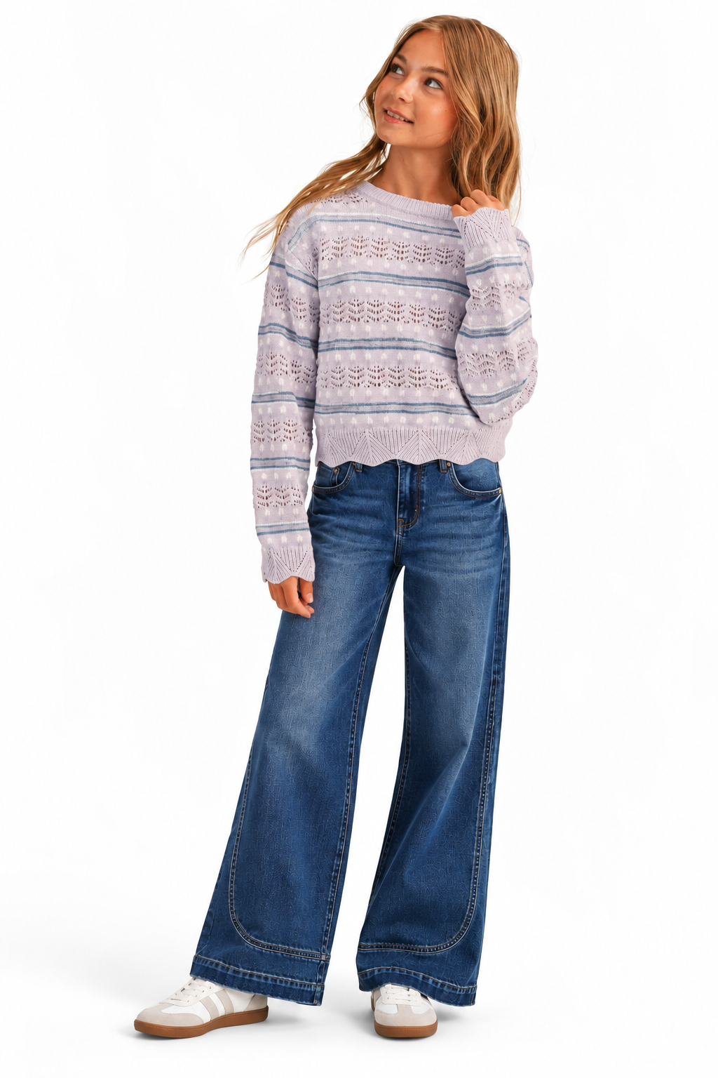 Blue Flower Pointelle Pullover Sweater