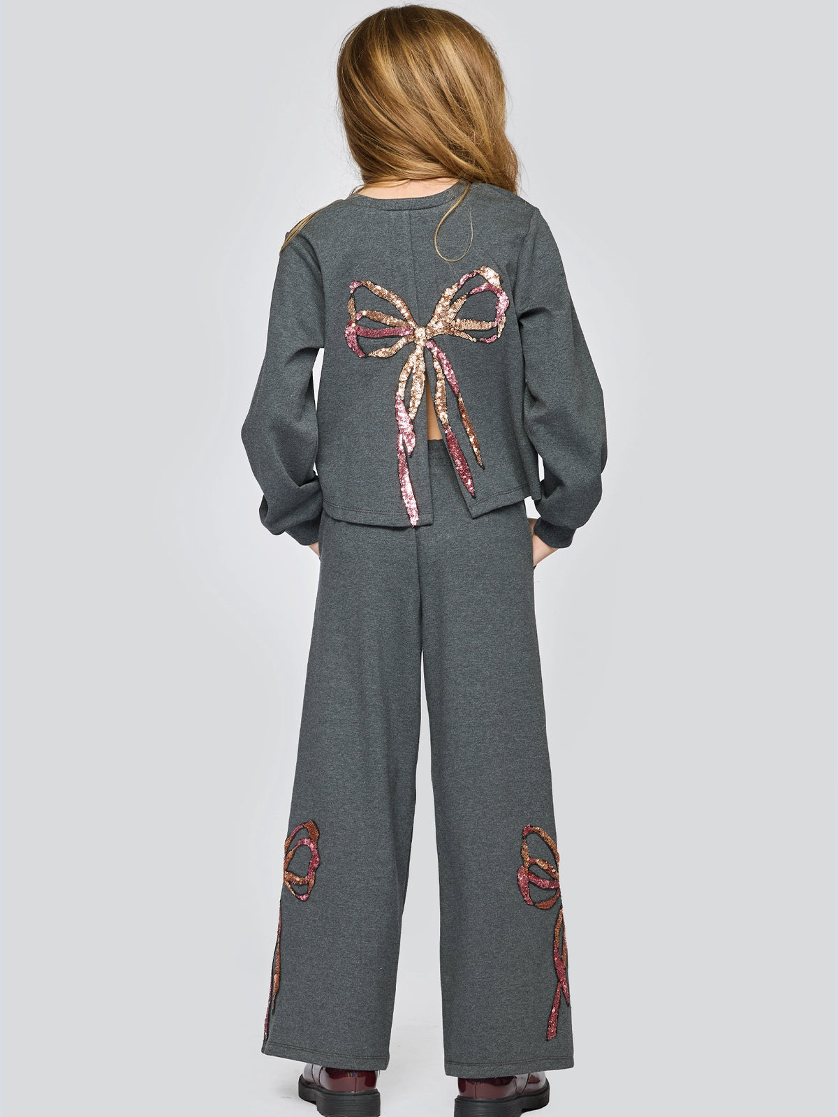 Sequin Bow Sweatshirt W/ Back Slit - Charcoal
