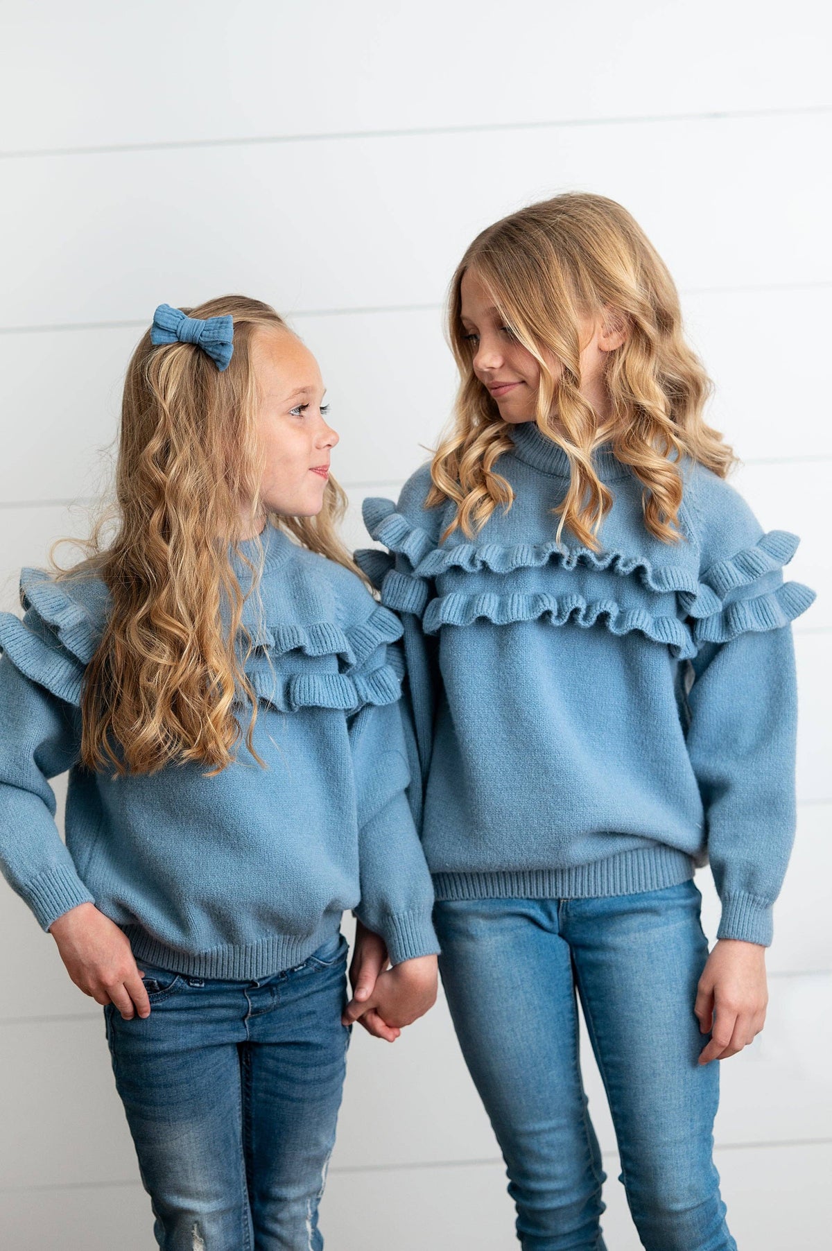 Kids Dusty Blue Double Ruffle Crew Neck Fall Winter Sweater by Oopsie Daisy