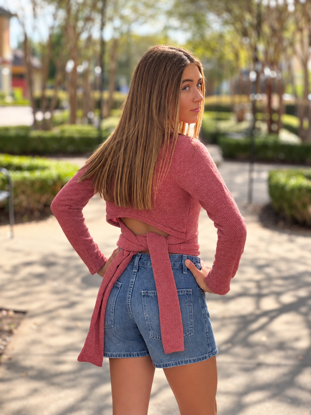 Self-Tie Open Back Chunky Knit Sweater - Mauve