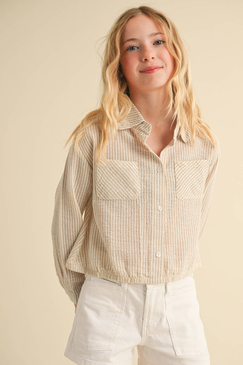 Girls Button Down Drop Shoulder Shirt - Beige by heart and arrow