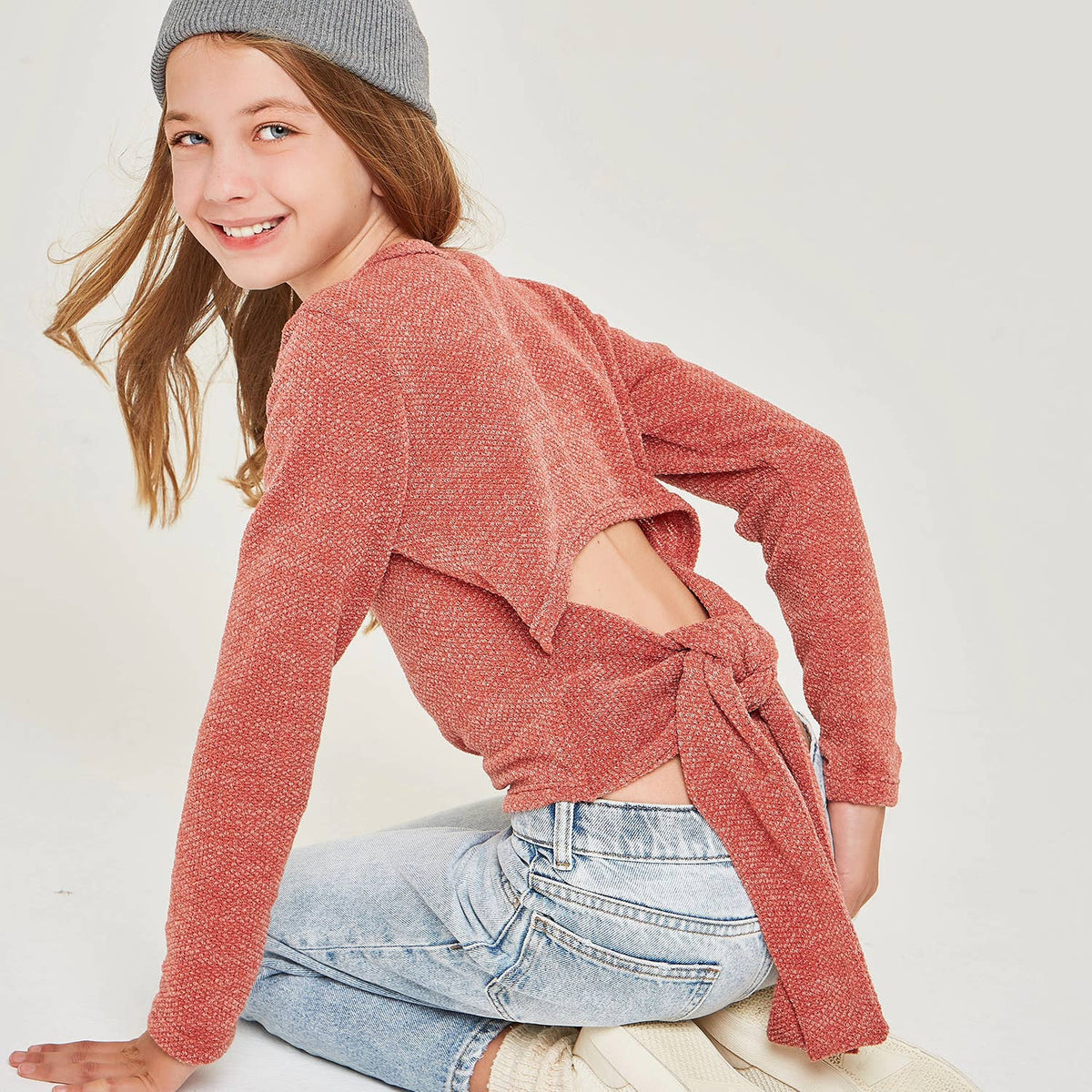 Self-Tie Open Back Chunky Knit Sweater - Mauve by Good Girl