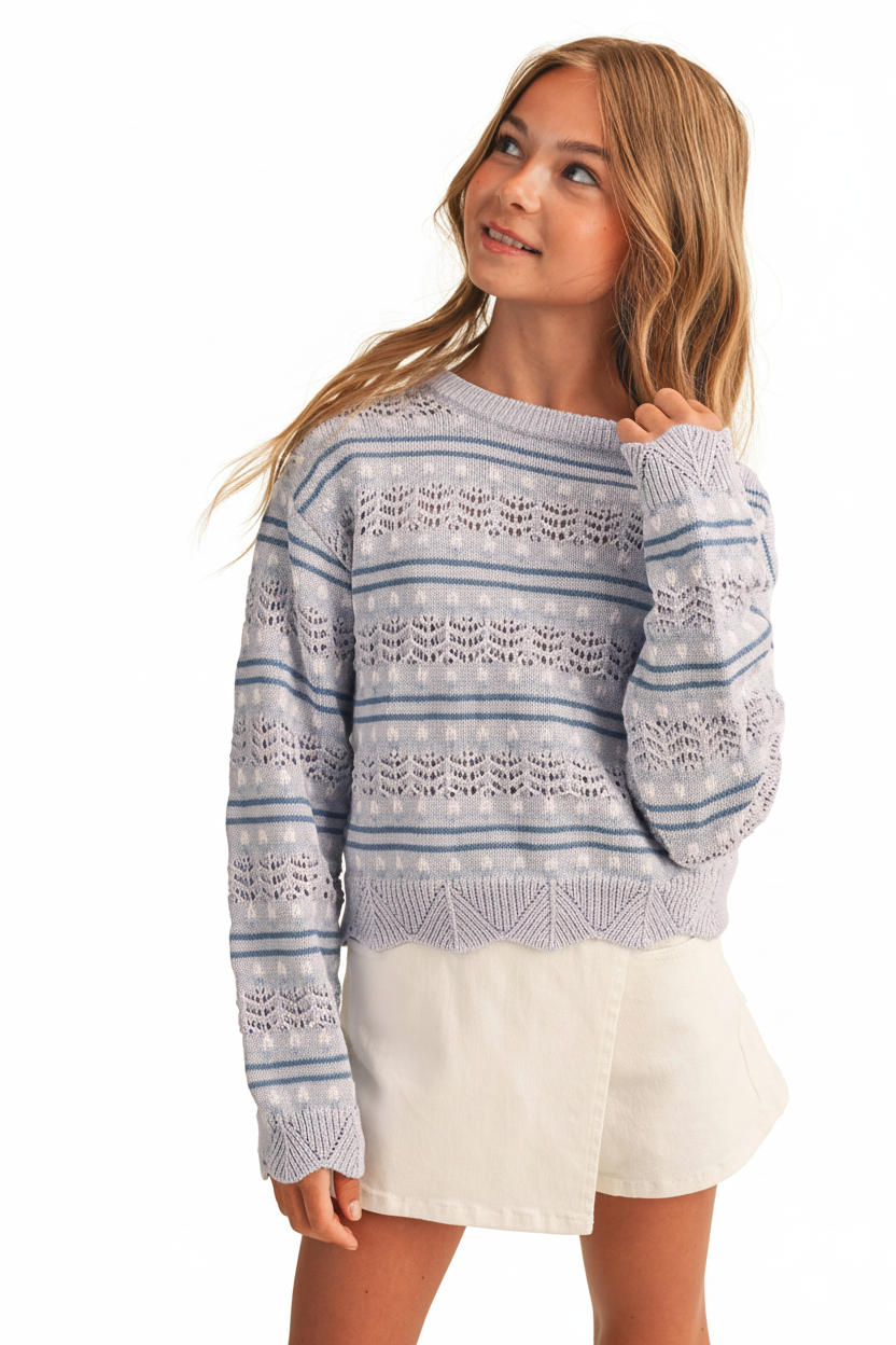 Blue Flower Pointelle Pullover Sweater
