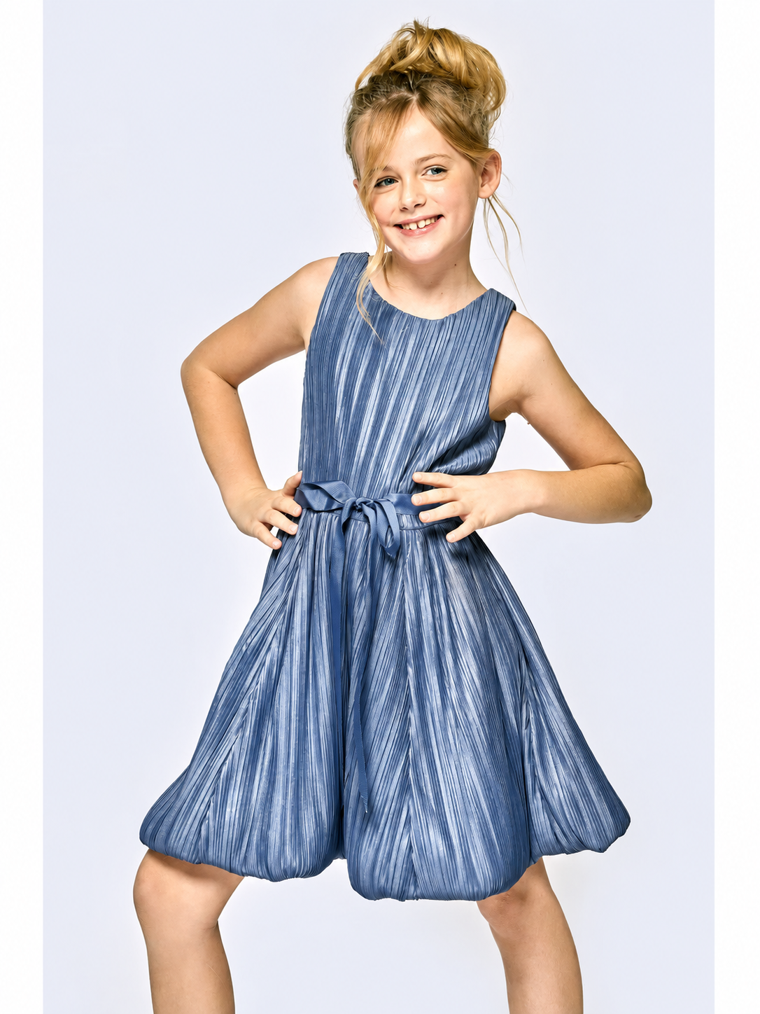 Blue Micro Plisse Dress with Bubble Hem + Sash