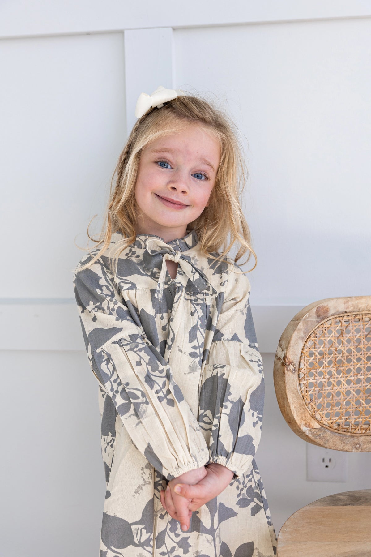 Grey Leaf Printed LS Dress