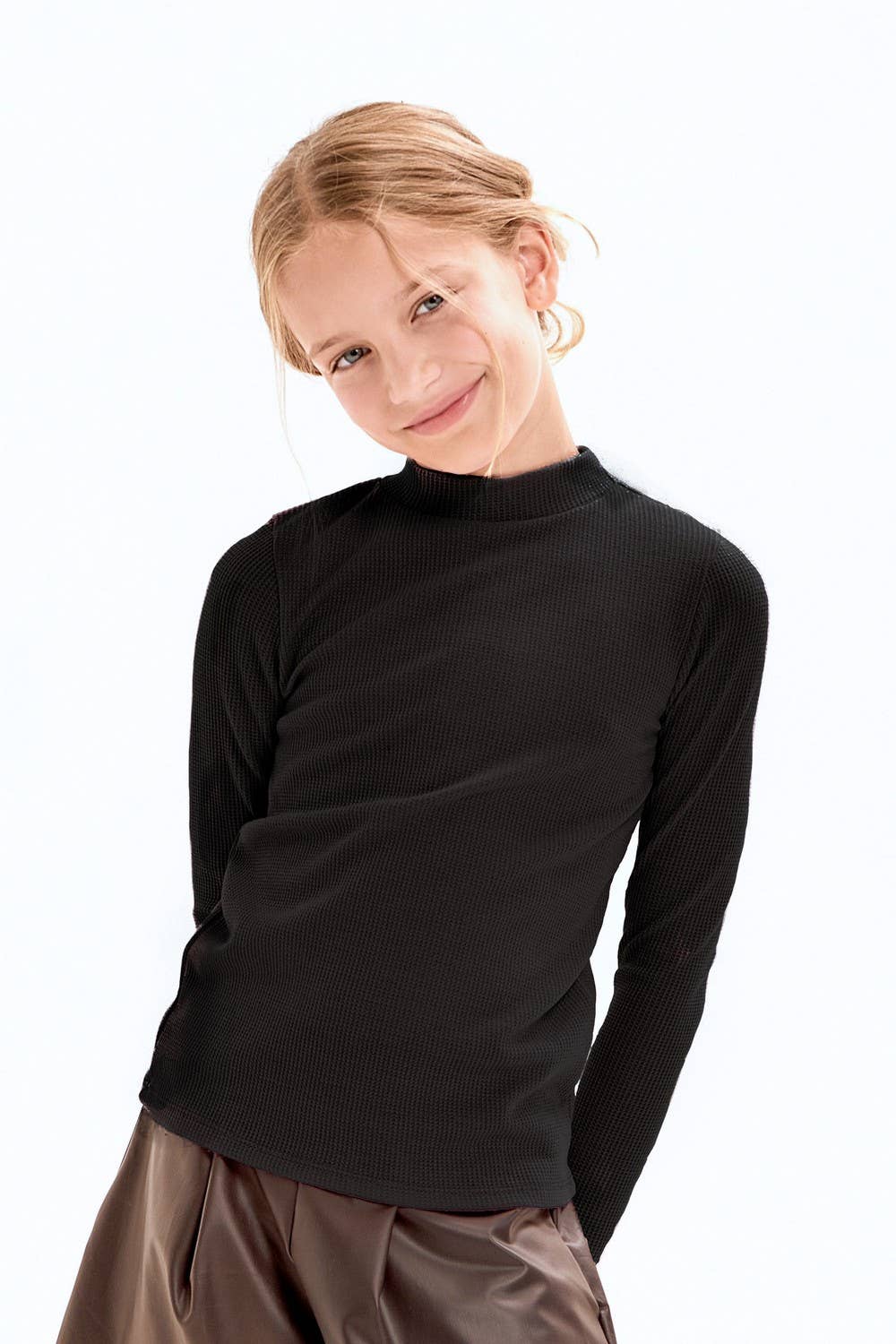 Thermal Knit Mock Neck Basic Top - Black by Good Girl