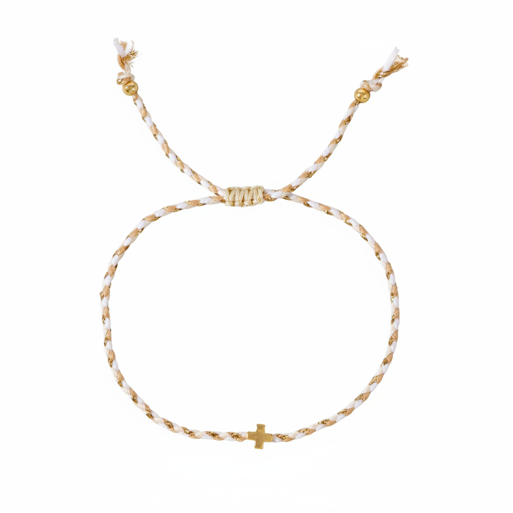 18K STAINLESS STEEL CORDED CROSS CHARM BRACELET - White
