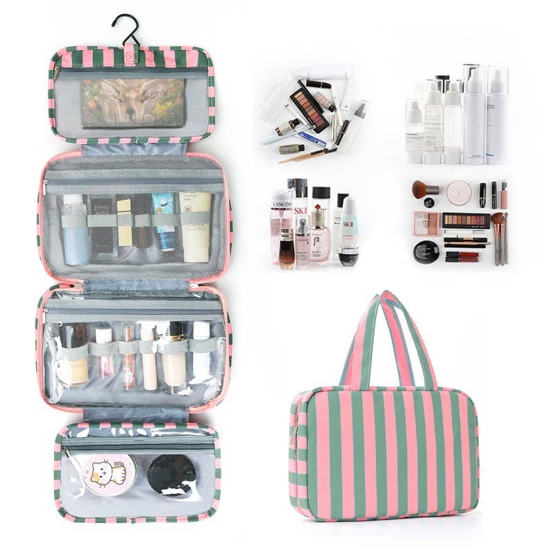 Striped Hanging Toiletry & Makeup Organizer Bag - Pink Green by JOSSLYN by wall to wall