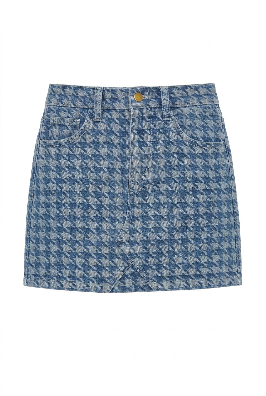 Houndstooth denim skirt, white-background cutout attempt
