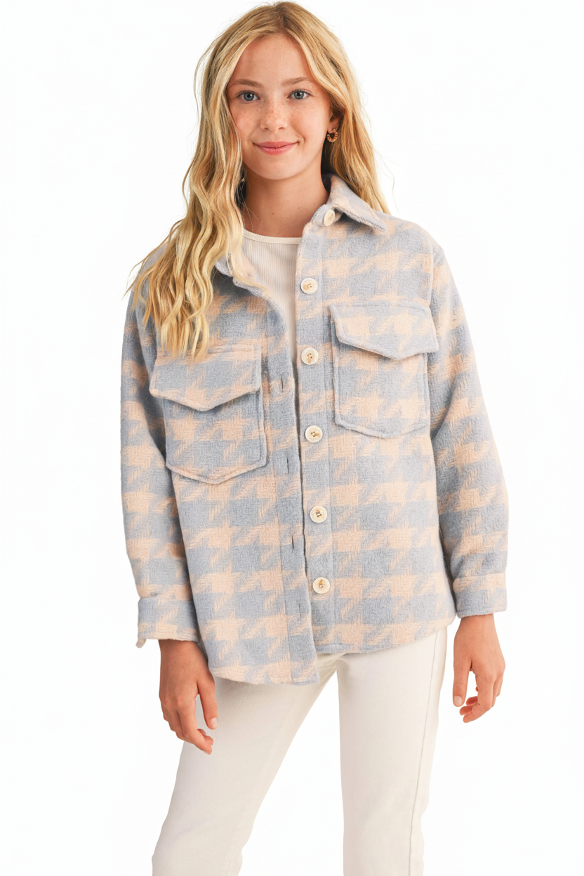 Double Pocket Shacket - Pink/Blue Houndstooth