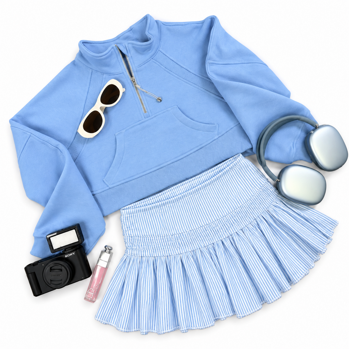 Oversized Cropped 1/4 Zip Sweatshirt in Light Blue