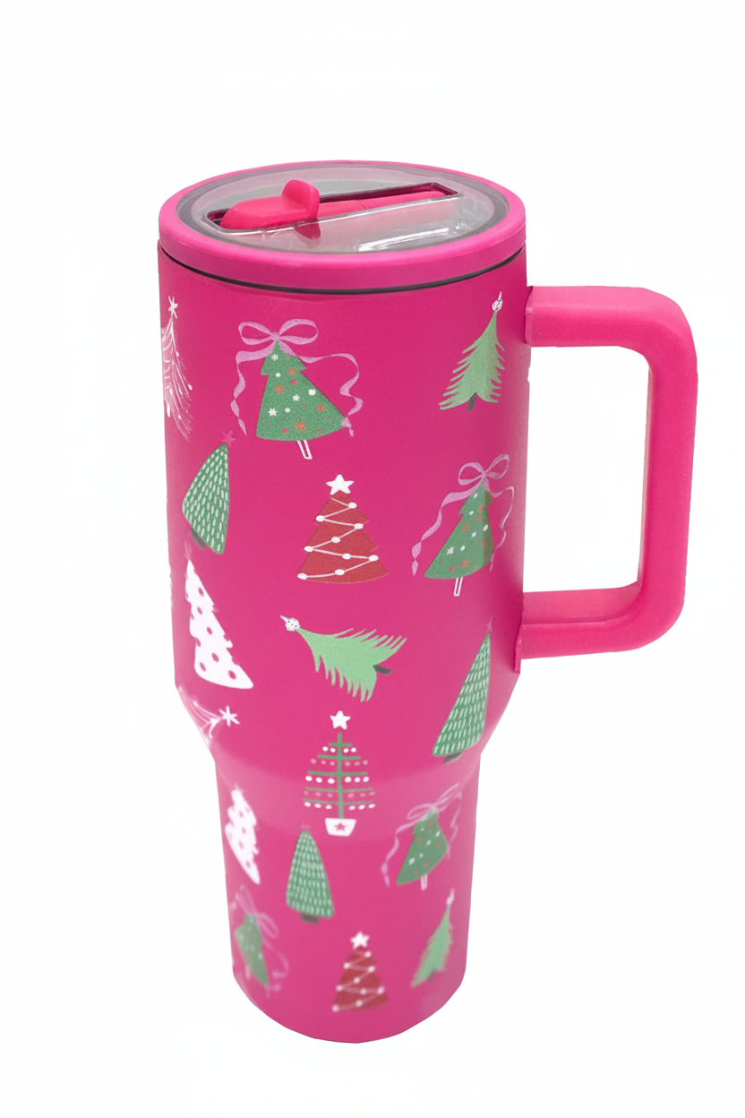 40oz SPILL FREE STAINLESS STEEL VACUUM TUMBLER - Christmas Tree Fuchsia