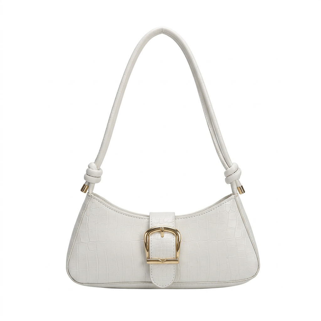 White purse using the brown purse’s knotted strap detail